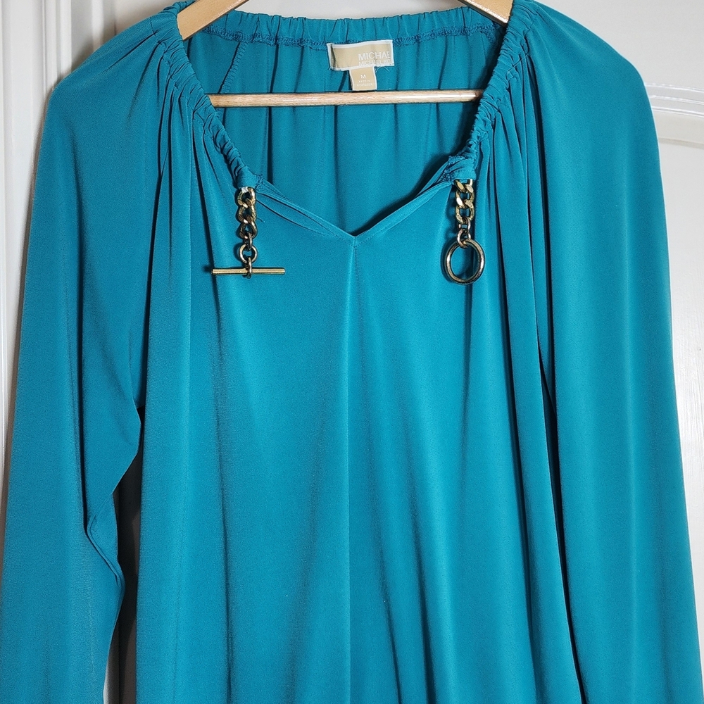Michael Kors Blouse Women M Medium Teal V Neck Gold Tone Hardware